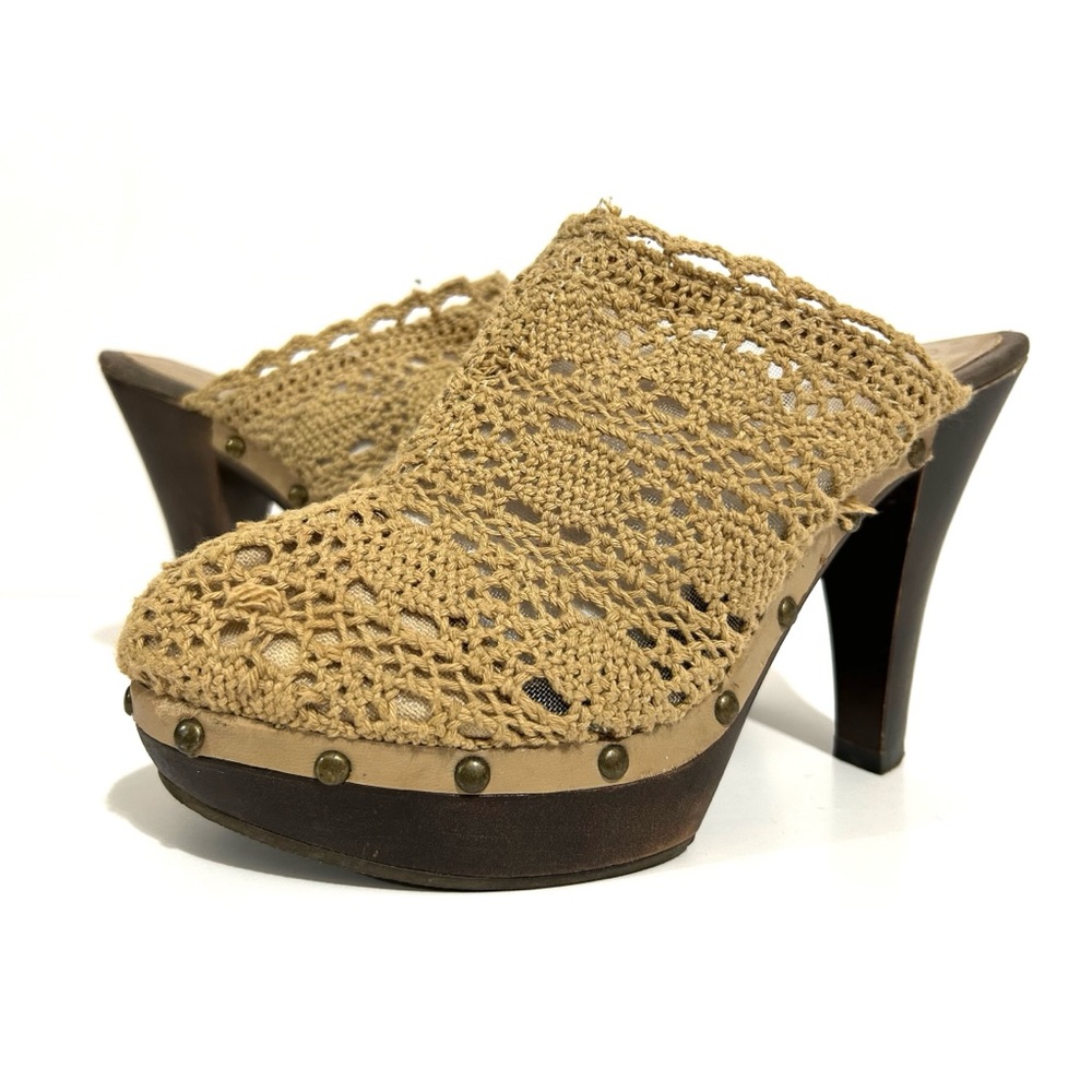 Vintage Y2K Crochet Mules Wood Sole Heel Beige Sand Studded Hippie Boho 39 8.5